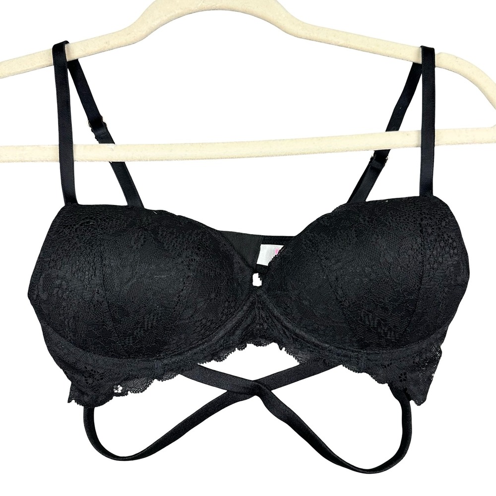 PINK Victoria's Secret Date Wireless Push Up Bra 32B Black Lace Strappy